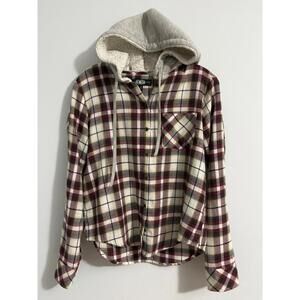 Rewash Womens Hooded Flannel Shirt Plaid Button Up Lightweight Sherpa
